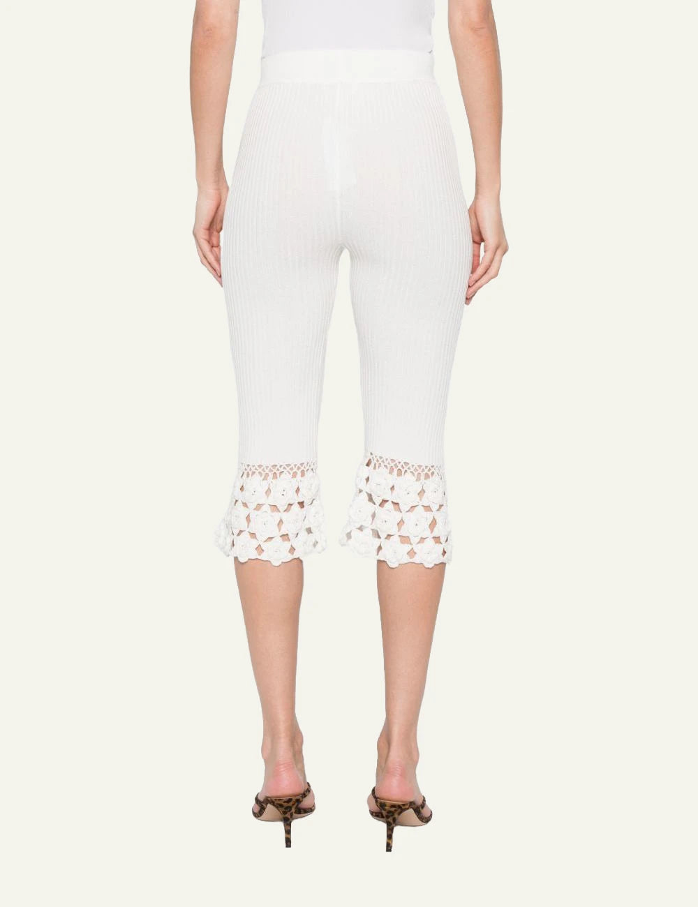 Ganni rib crochet pants egret white flared hem knit back view