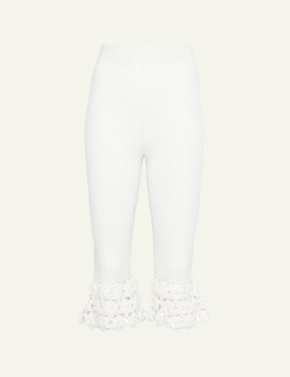 Ganni rib crochet pants egret white flared hem knit front view