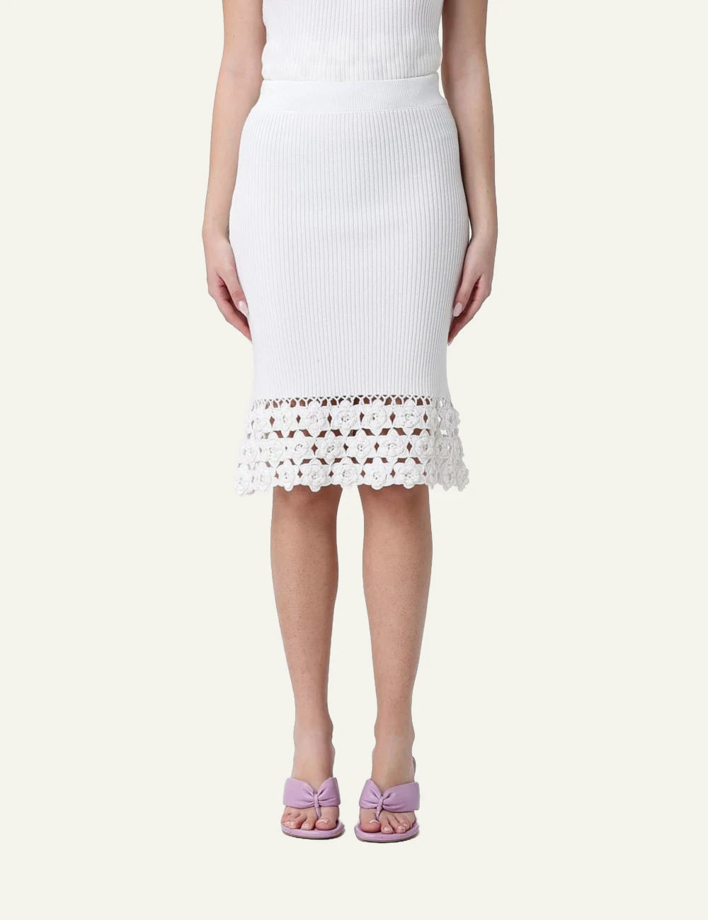 Ganni rib crochet skirt egret midi knit lace hem front