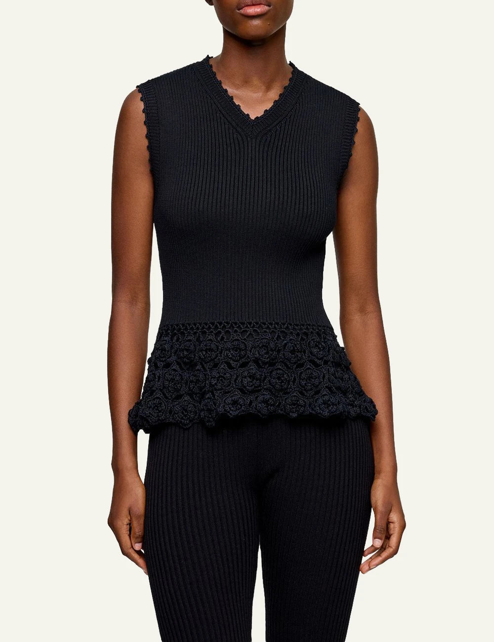 Ganni rib crochet vest black sleeveless v neck front model