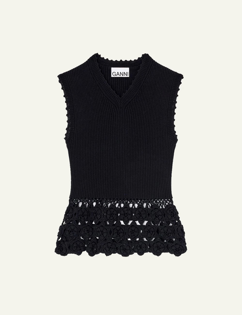 Ganni rib crochet vest black sleeveless v neck front