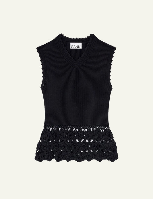 Ganni rib crochet vest black sleeveless v neck front
