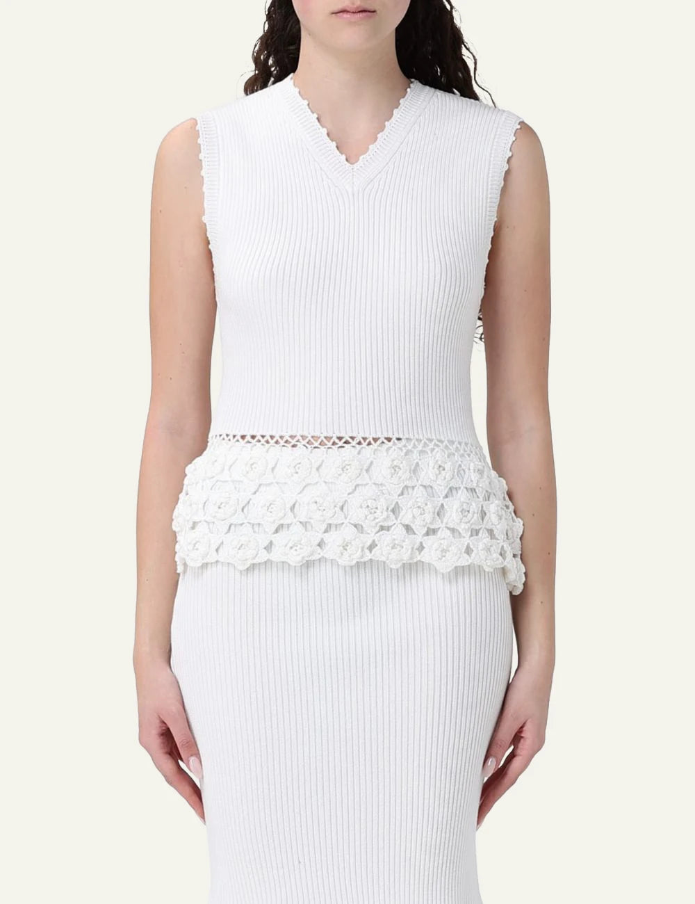 Ganni rib crochet vest egret white sleeveless v neck front model