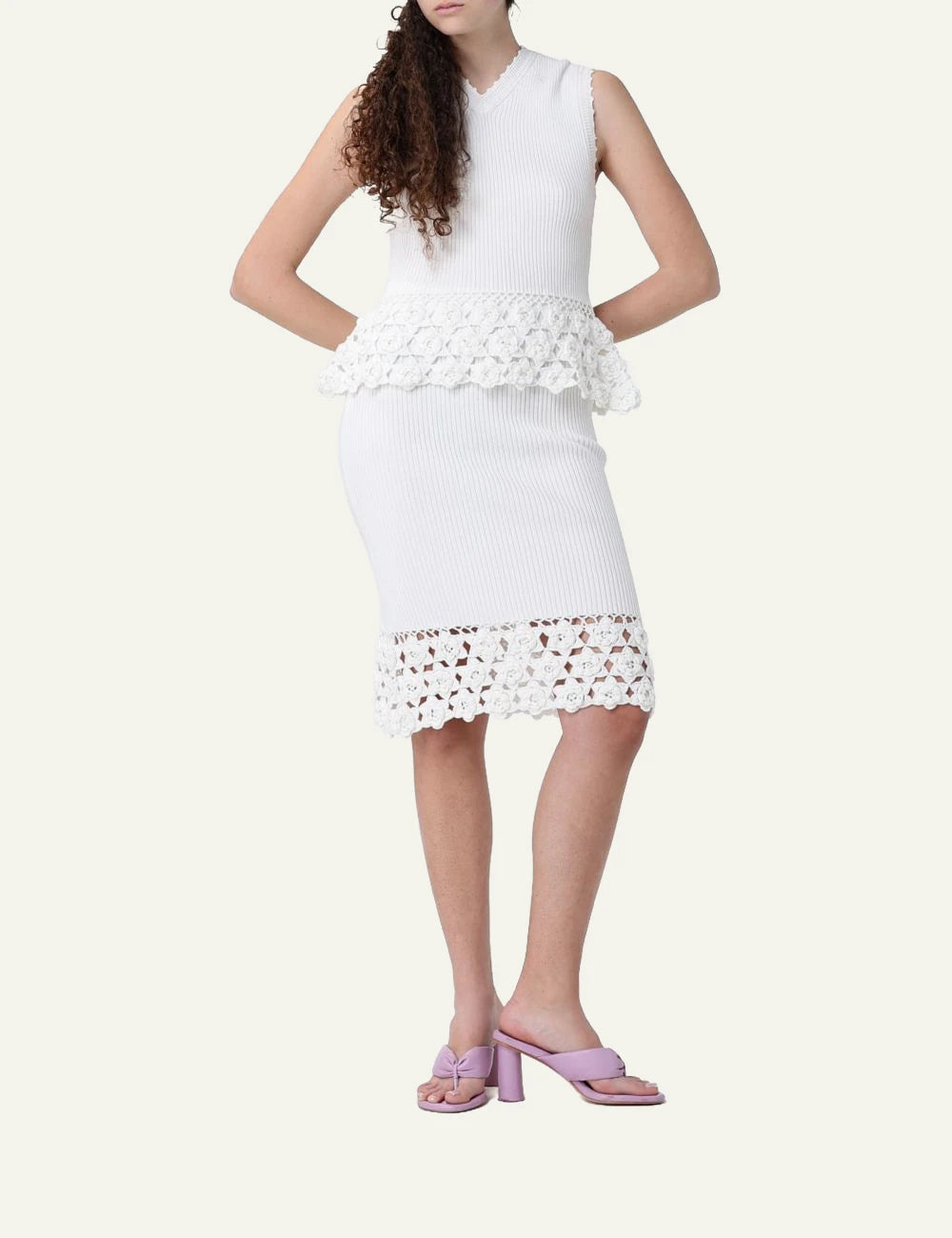 Ganni rib crochet vest egret white sleeveless v neck front