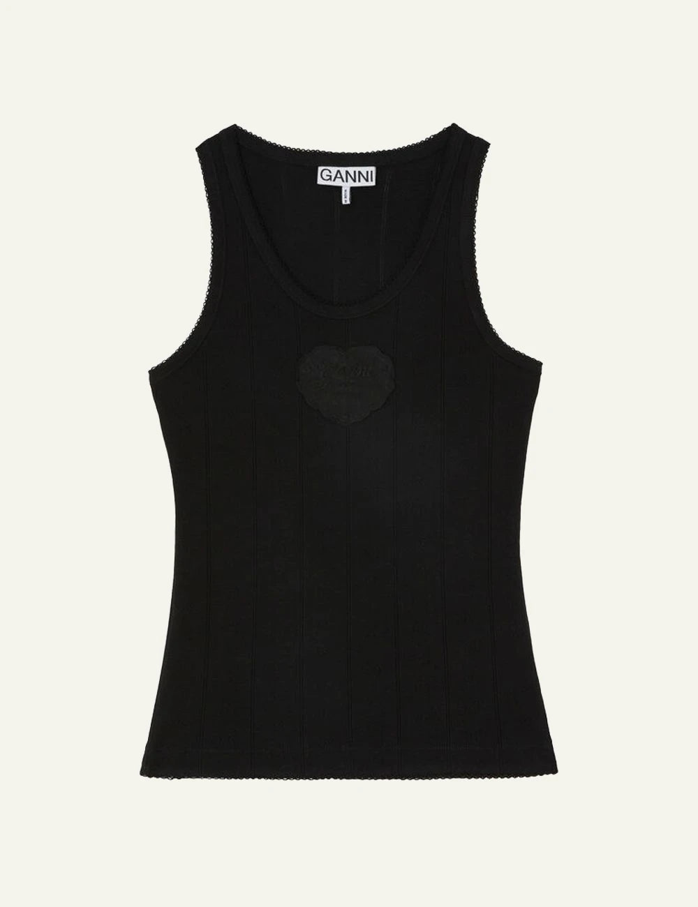 Ganni black ribbed tank top with logo flower detail front view