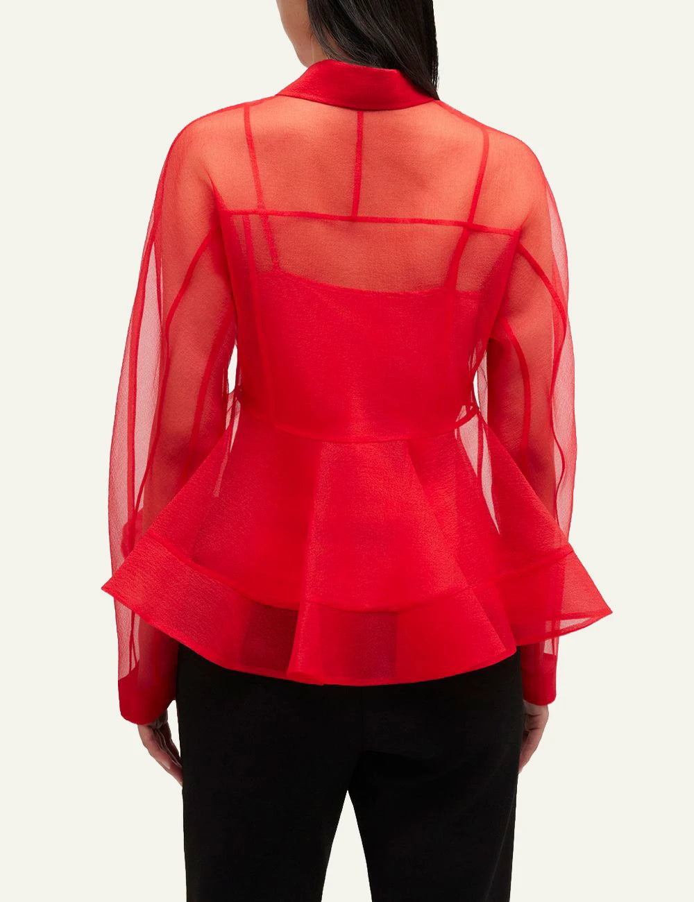 Ganni red sheer peplum shirt back view curved sleeves