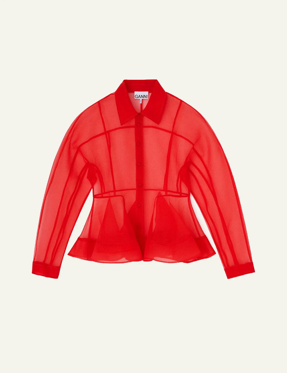 Ganni red sheer peplum shirt flat lay front view