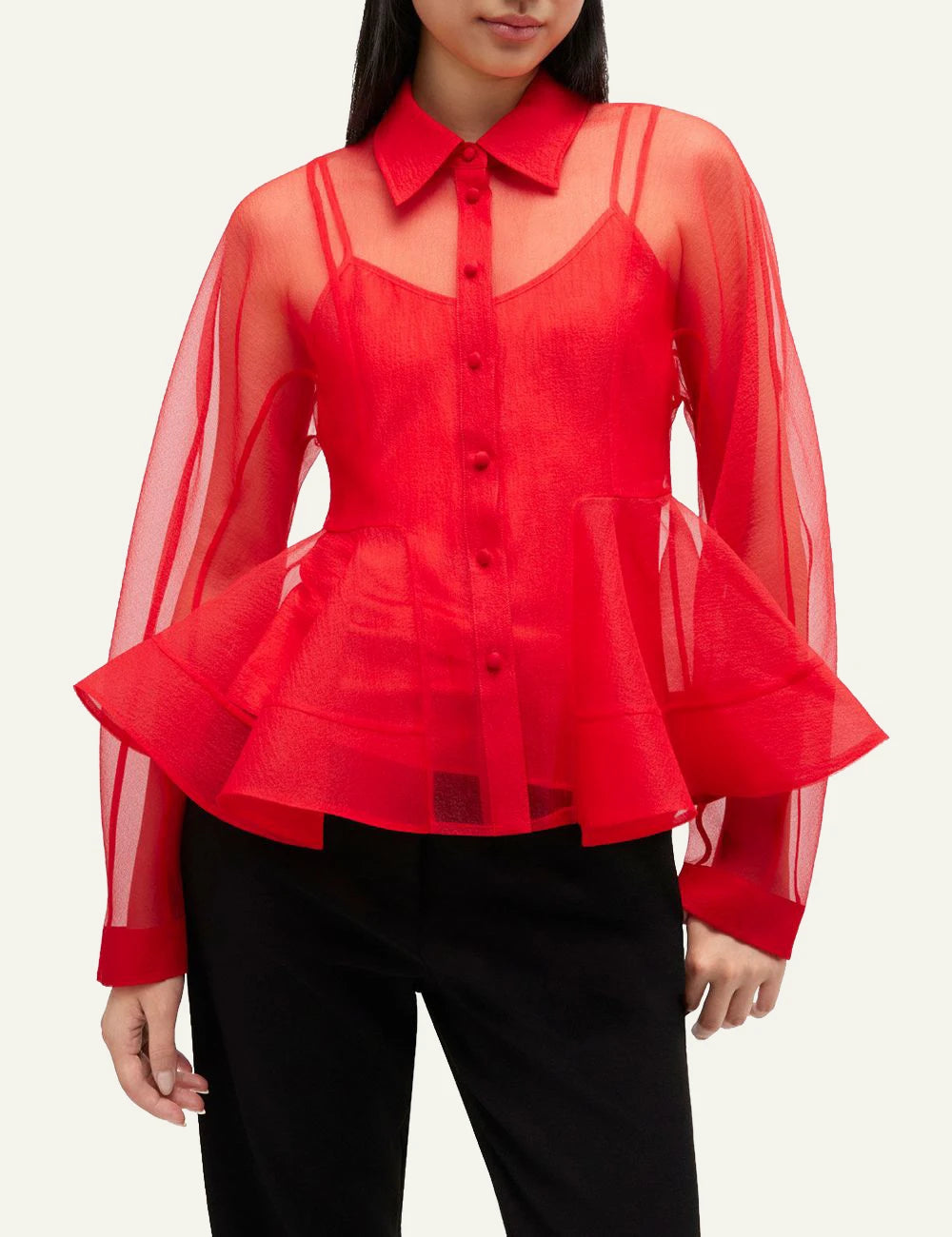 Ganni red peplum shirt sheer fabric detail front
