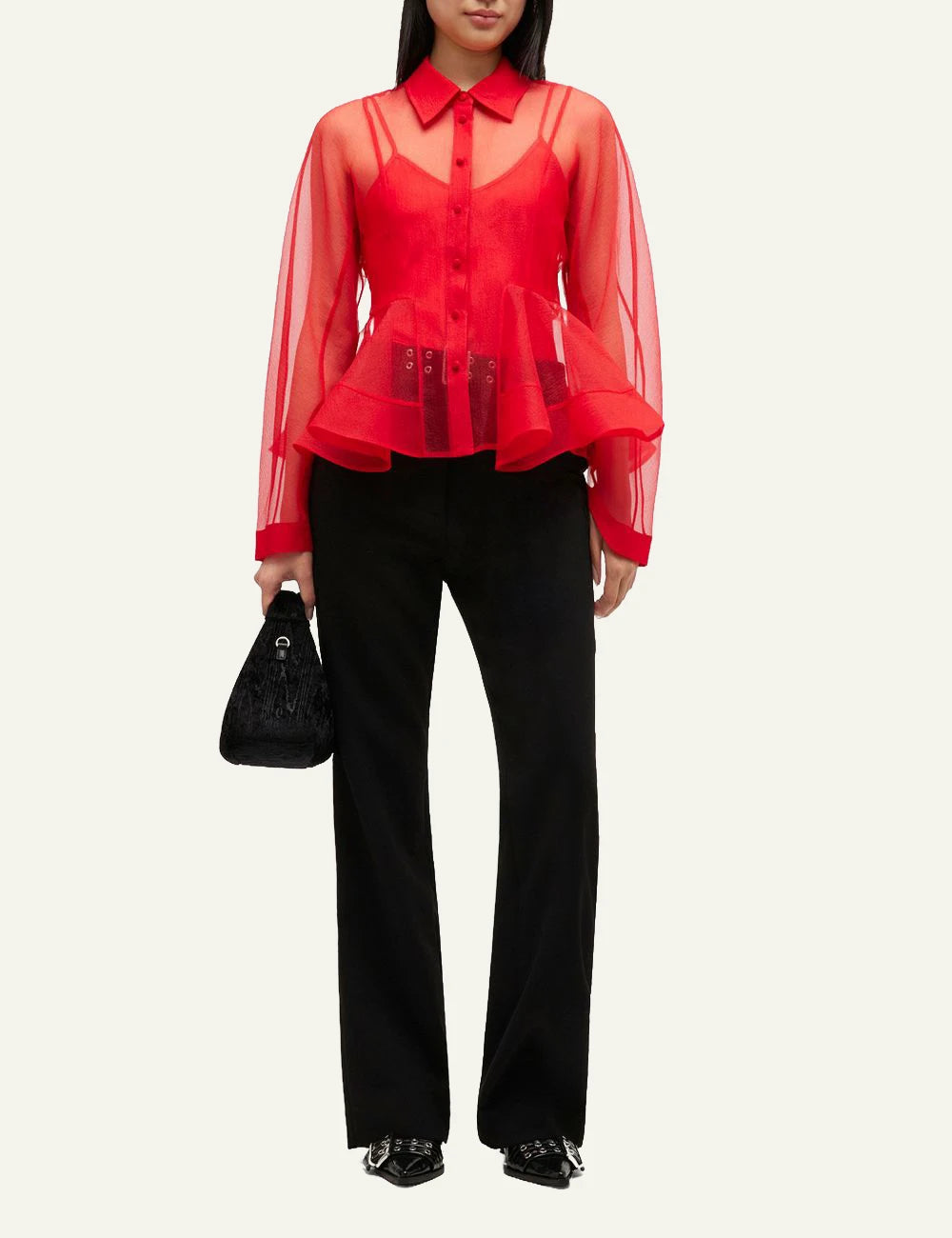 Ganni red sheer peplum shirt front view worn on model