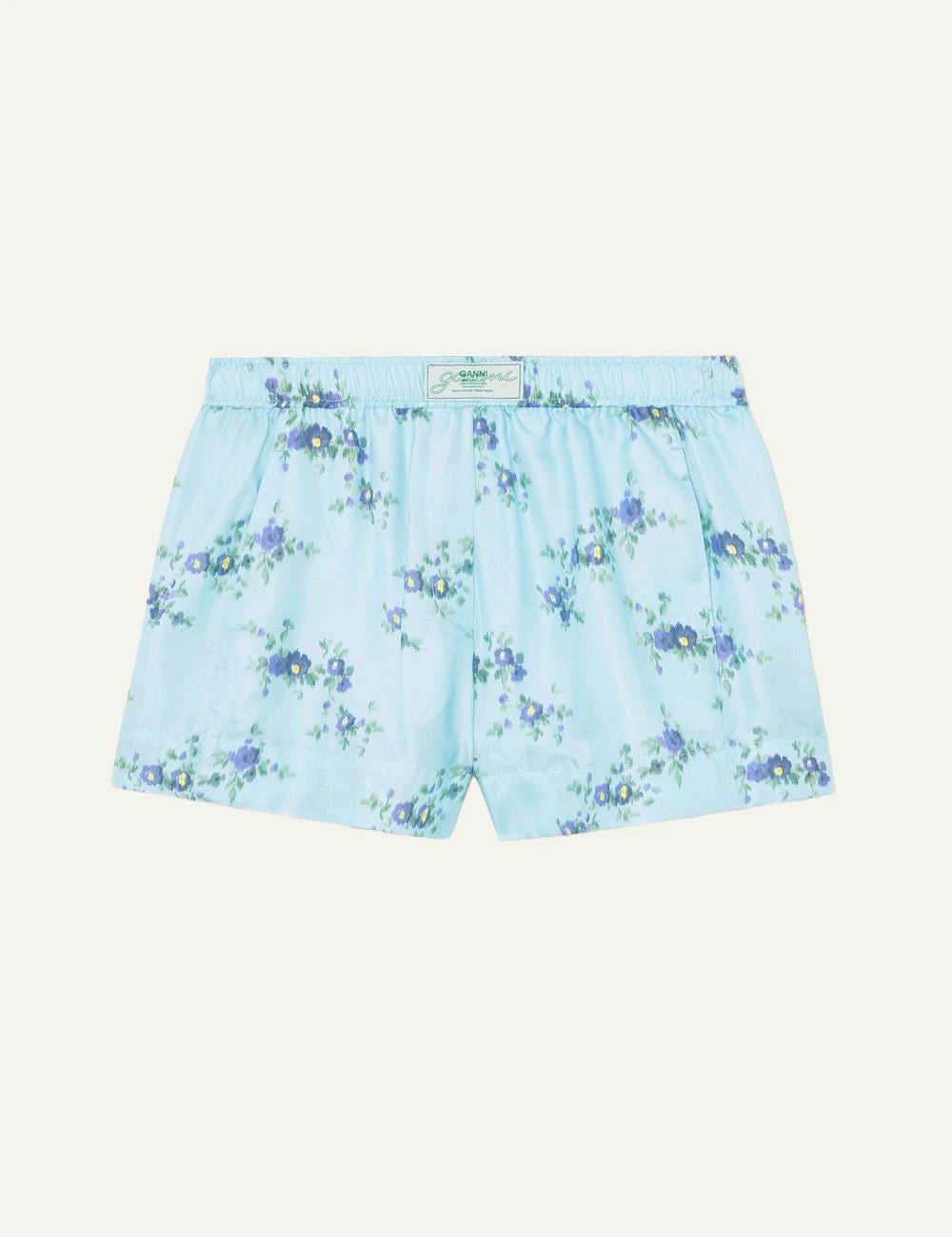 Ganni silk twill shorts iced aqua floral print loose flat