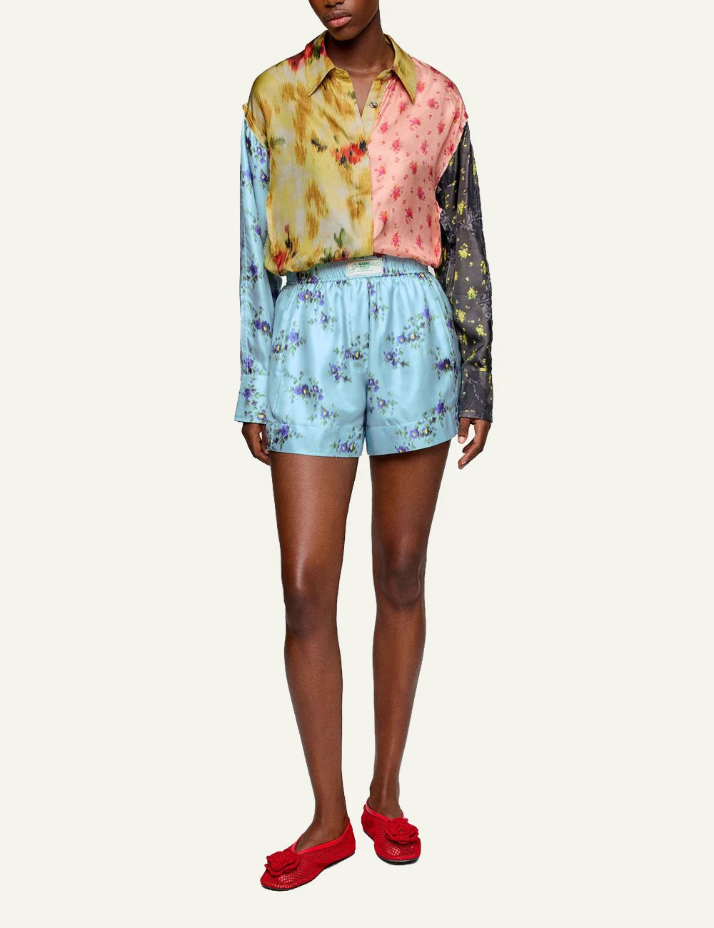 Ganni silk twill shorts iced aqua floral print loose fit full body