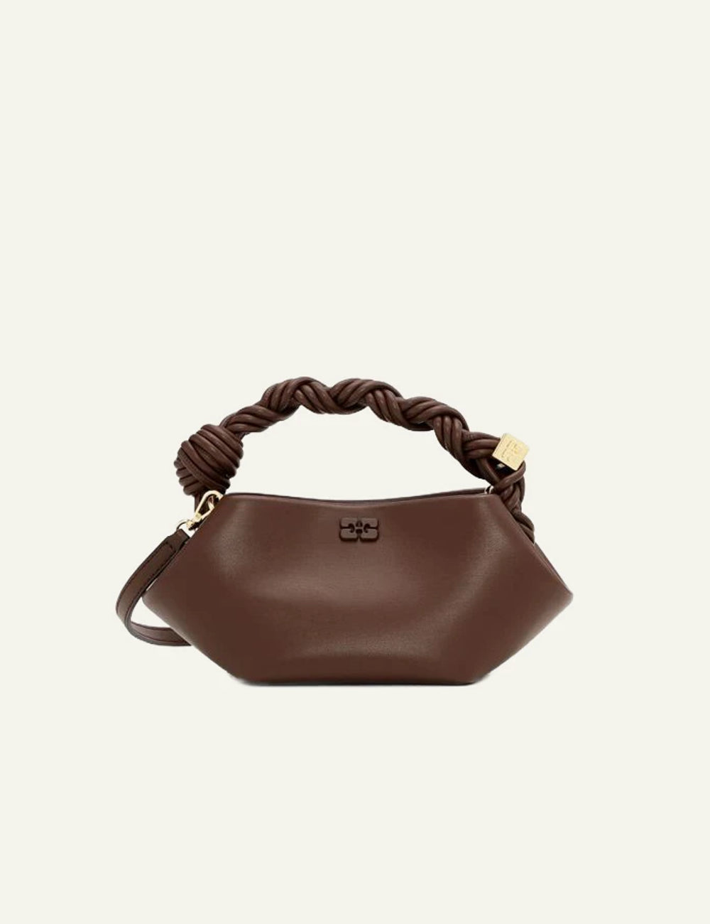 Ganni mini brown hexagonal bag with braided handle front view