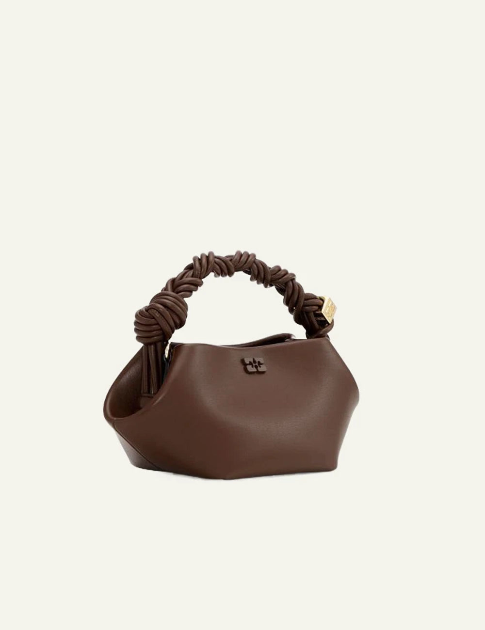 Ganni mini brown hexagonal bag with braided handle side view
