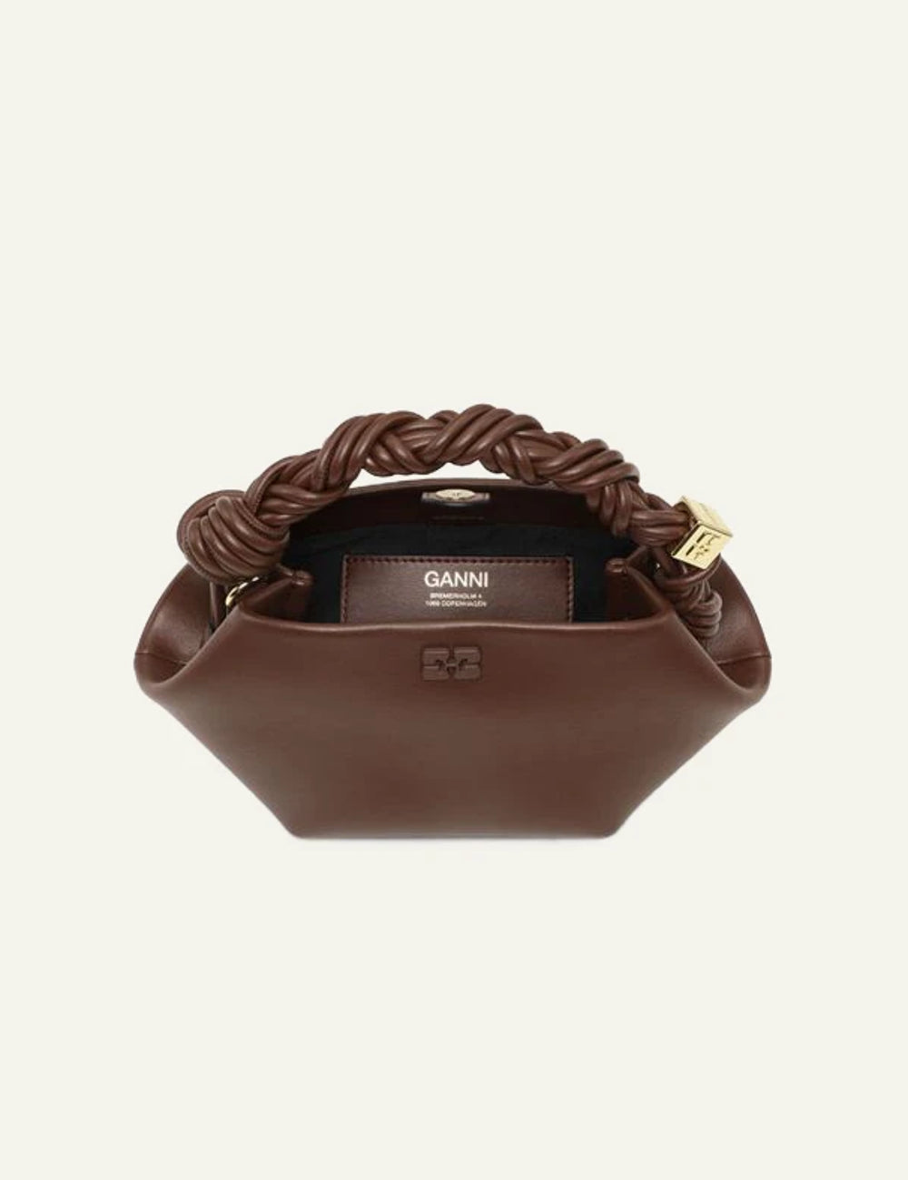 Ganni mini brown hexagonal bag with braided handle top view