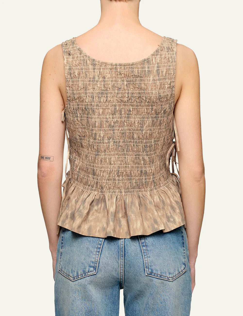 Ganni smocked sleeveless top animal print with side ties back view