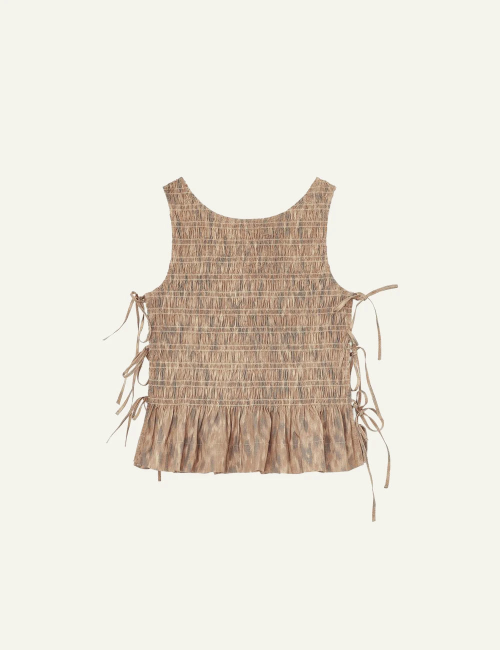 Ganni smocked sleeveless top animal print with side ties front view