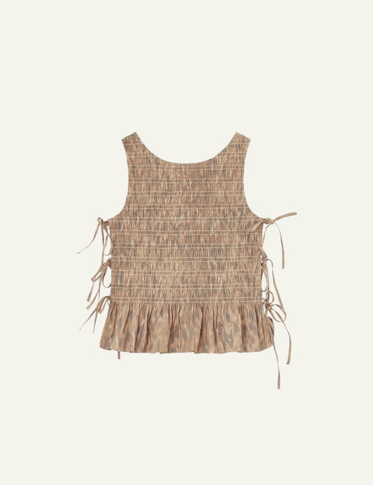 Ganni smocked sleeveless top animal print with side ties front view