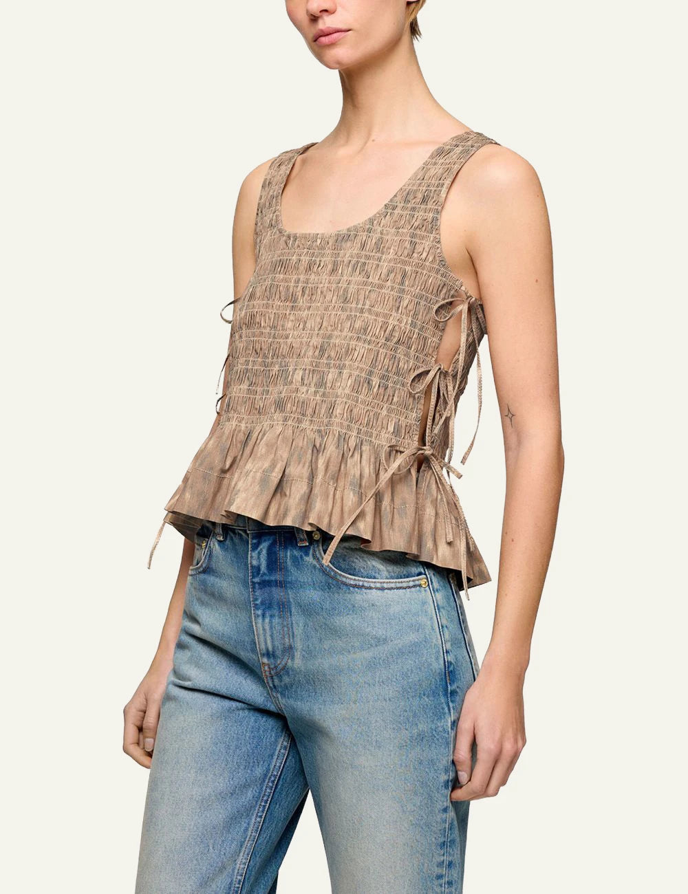 Ganni smocked sleeveless top animal print with side ties side view