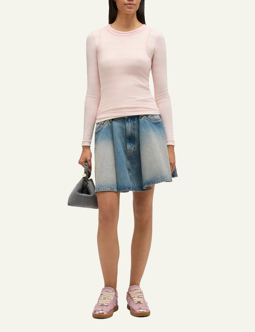 GANNI striped long sleeve top light pink front model view