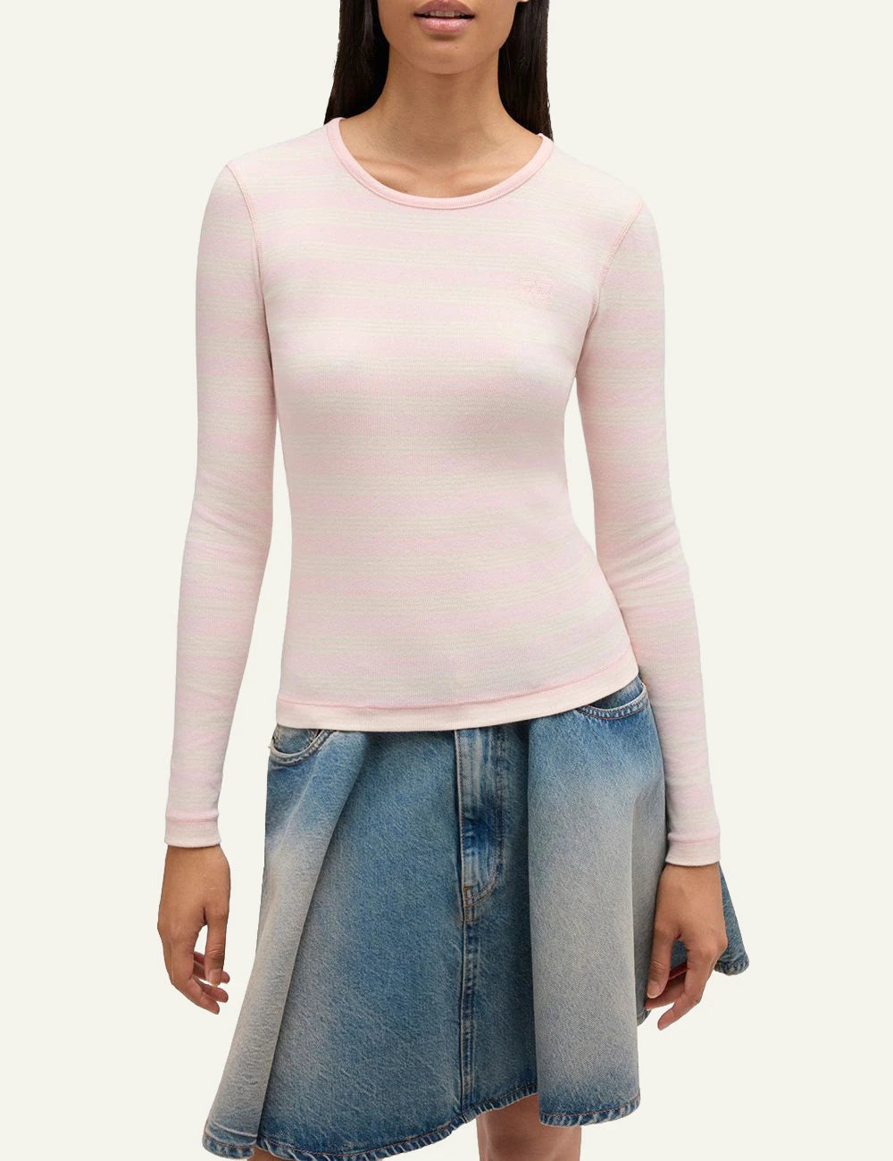 GANNI striped long sleeve top light pink front  detal view