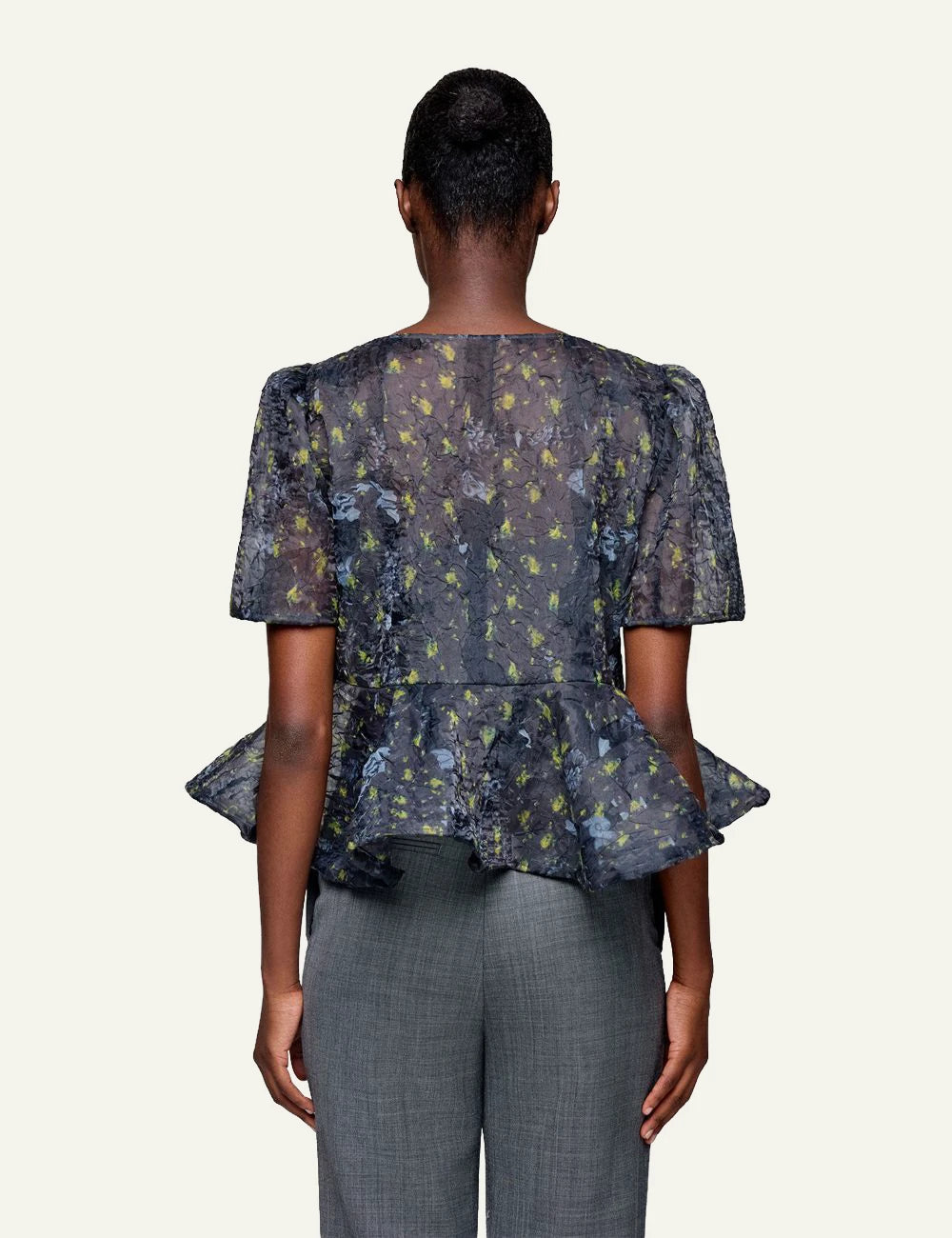 Ganni sun cut peplum blouse black sand sheer floral tie back