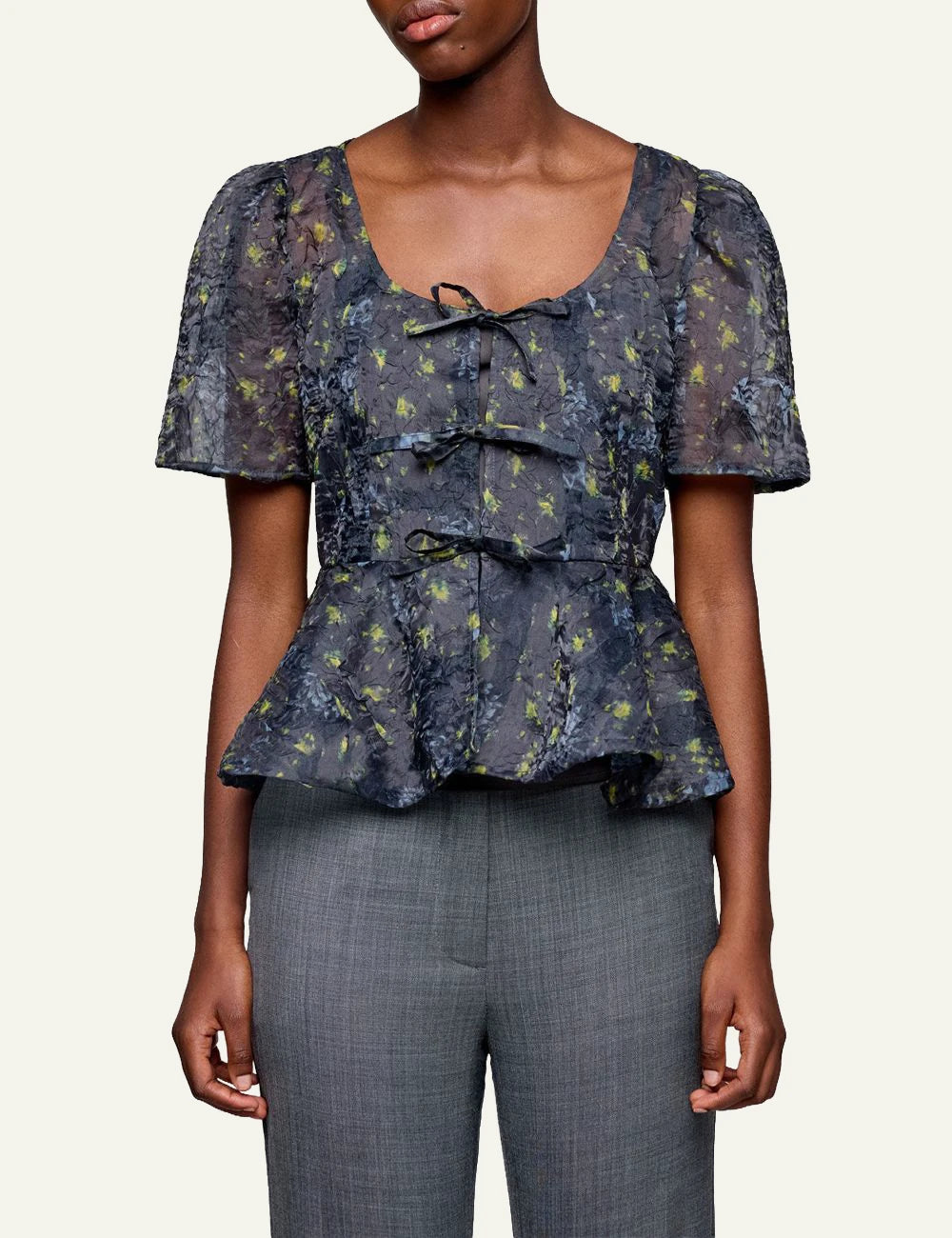 Ganni sun cut peplum blouse black sand sheer floral tie front model