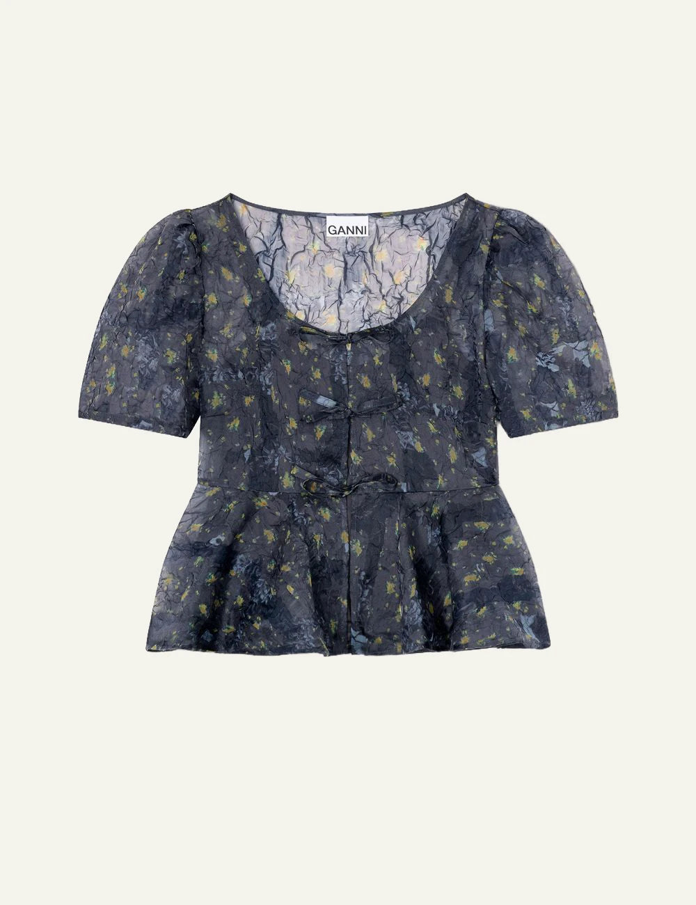 Ganni sun cut peplum blouse black sand sheer floral tie front