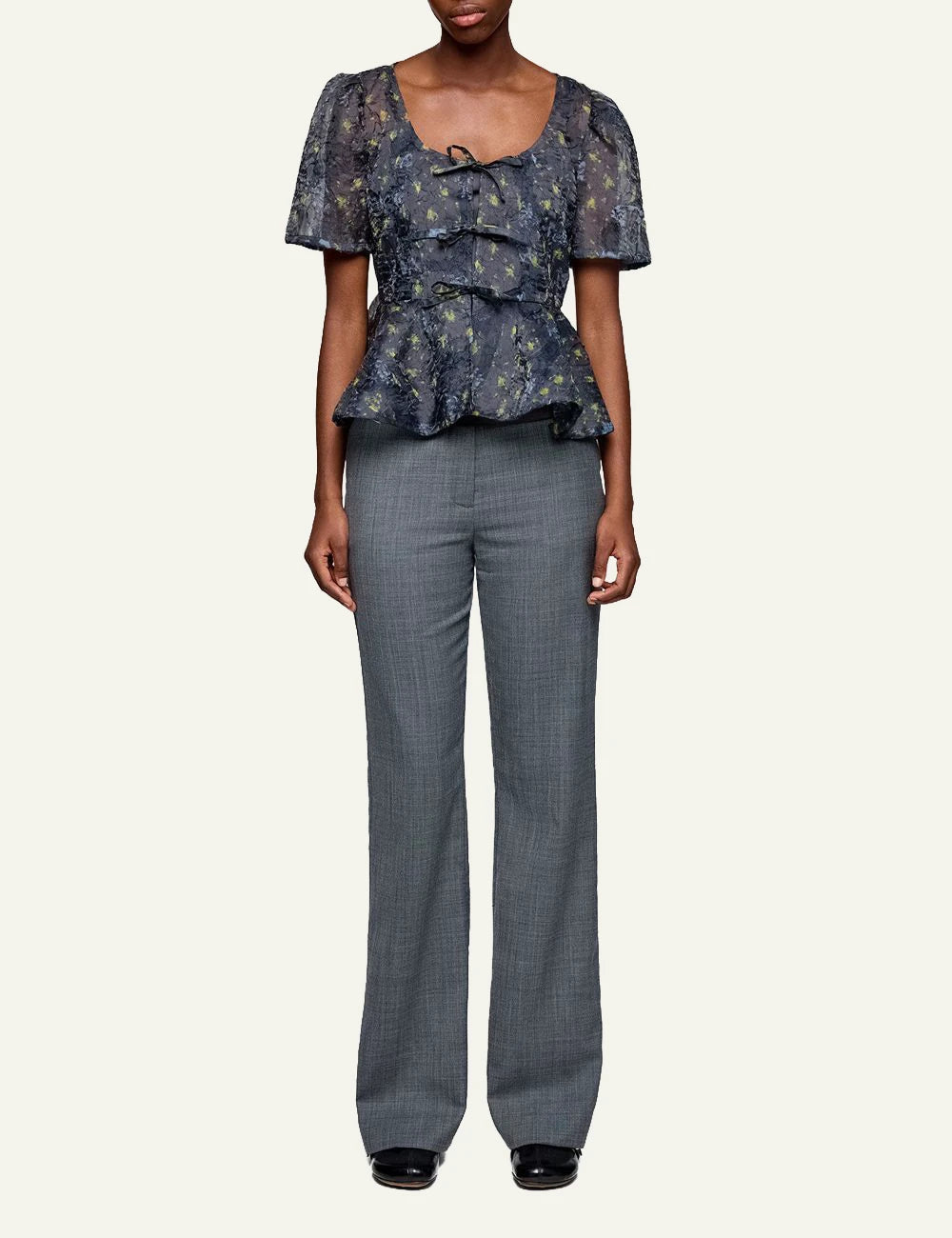 Ganni sun cut peplum blouse black sand sheer floral tie front full body