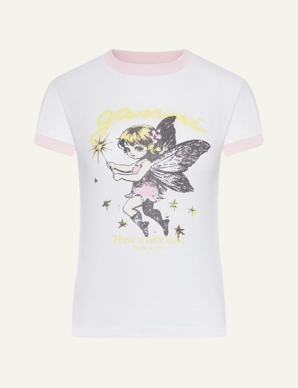 Ganni fairy t-shirt bright white graphic print pink trims front