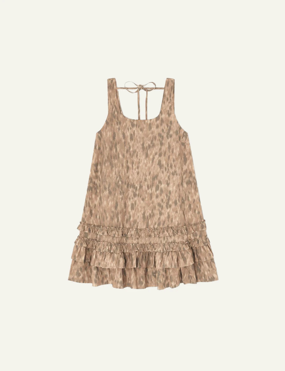Ganni U-neck mini dress animal print with ruffle hem front view