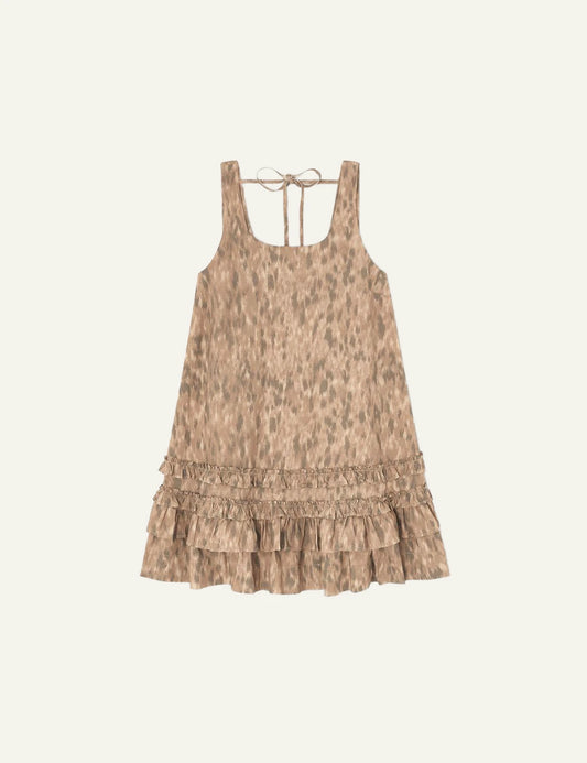 Ganni U-neck mini dress animal print with ruffle hem front view