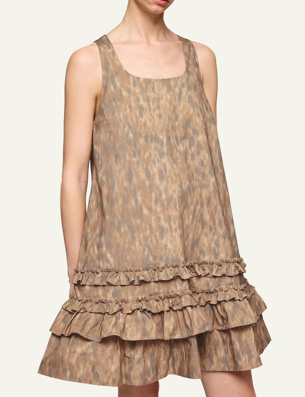 Ganni U-neck mini dress animal print with ruffle hem front model view