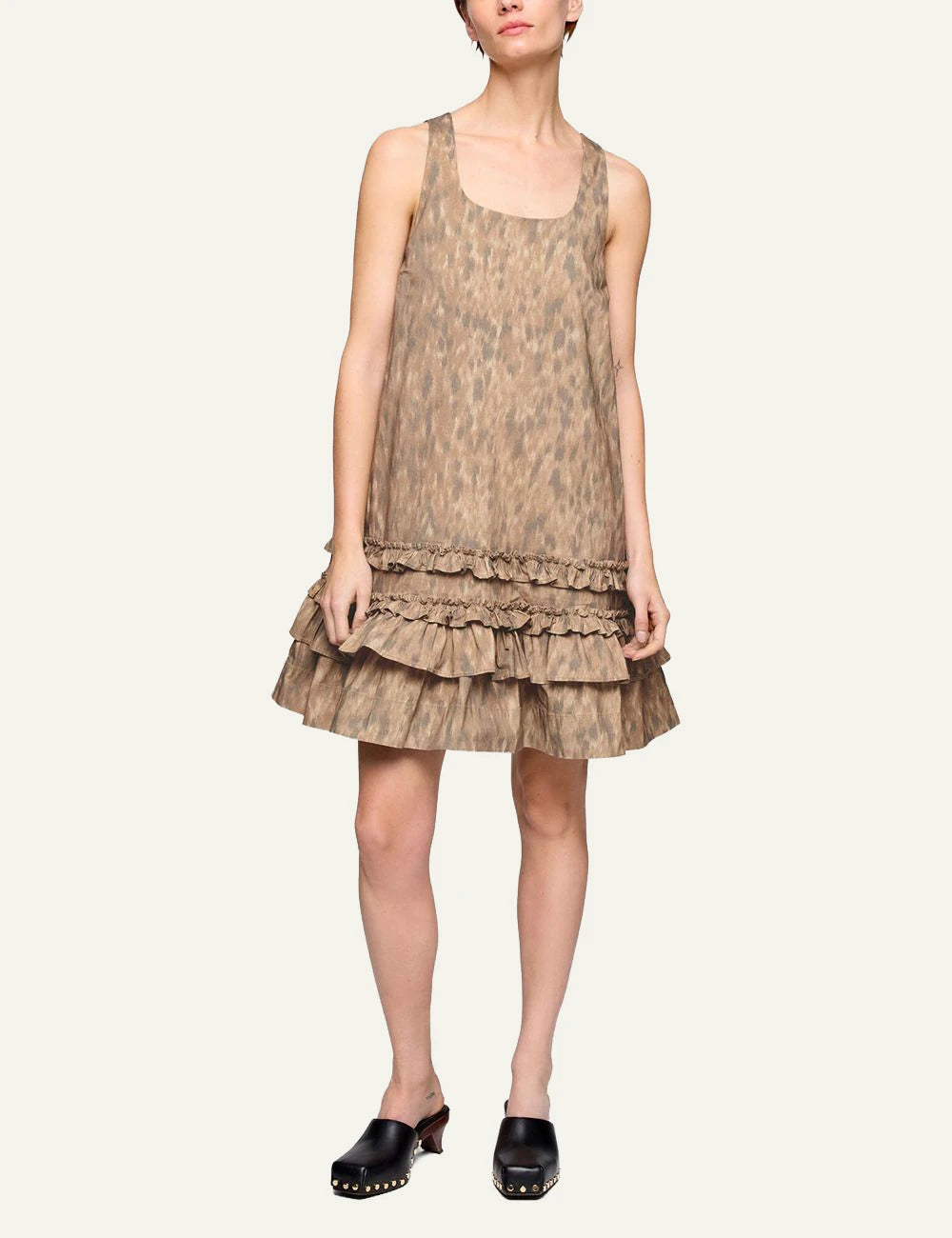 Ganni U-neck mini dress animal print with ruffle hem front full body view