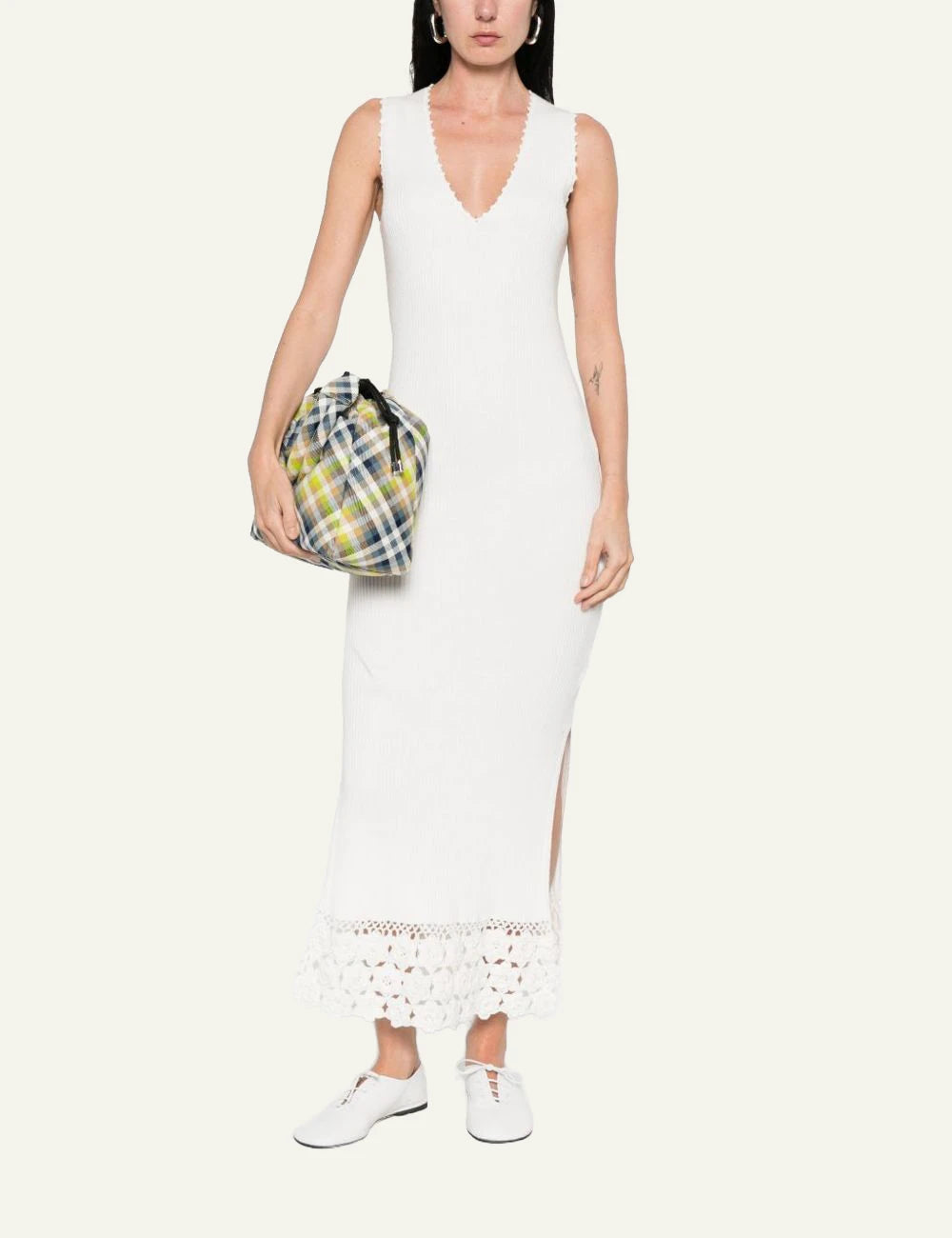 Ganni v neck dress egret crochet hem sleeveless front