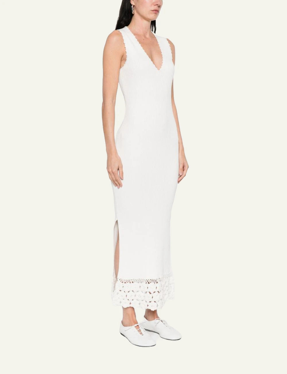 Ganni v neck dress egret crochet hem sleeveless side