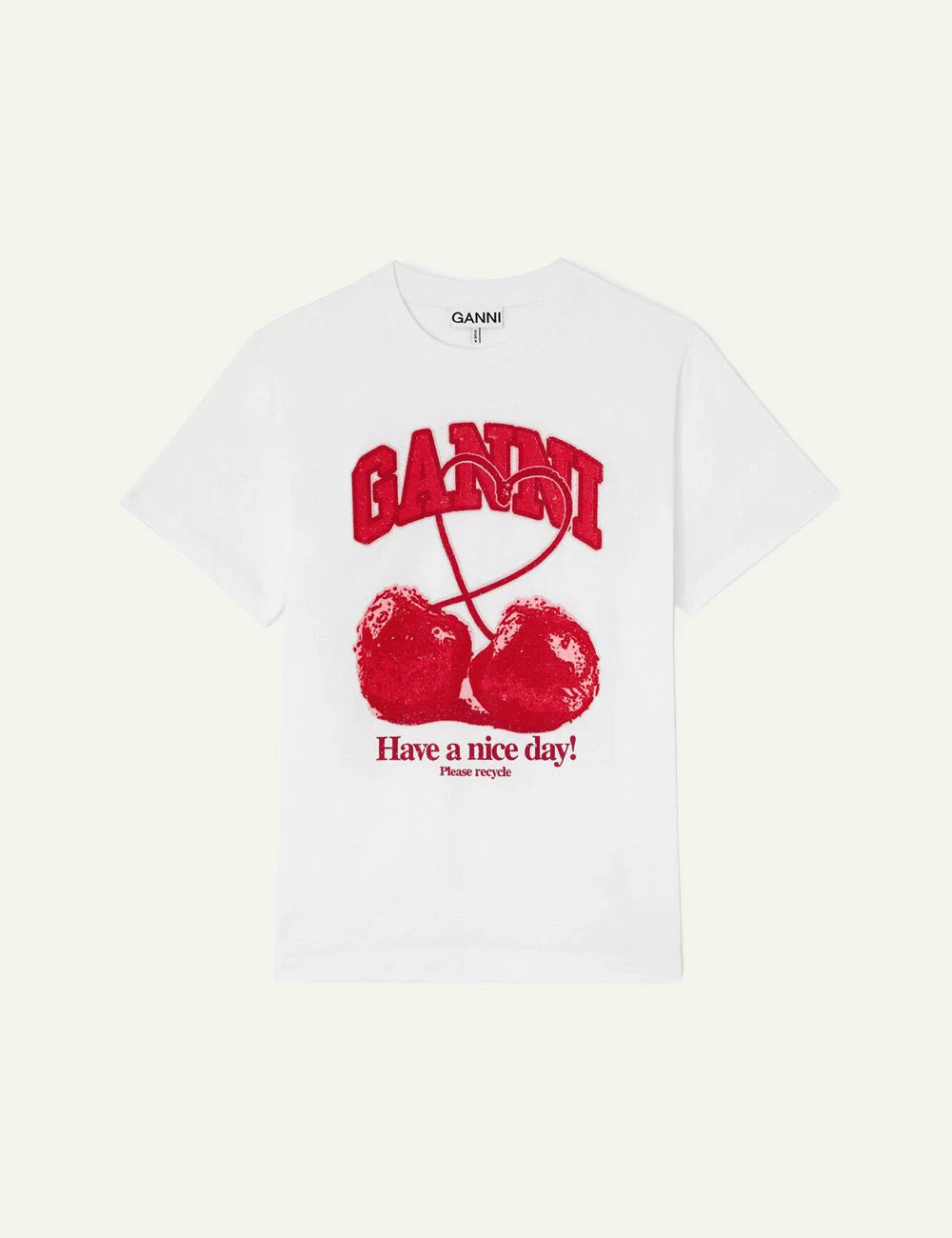 Ganni white t-shirt me cherry graphic kai logo front view