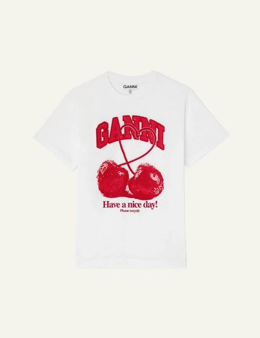 Ganni white t-shirt me cherry graphic kai logo front view