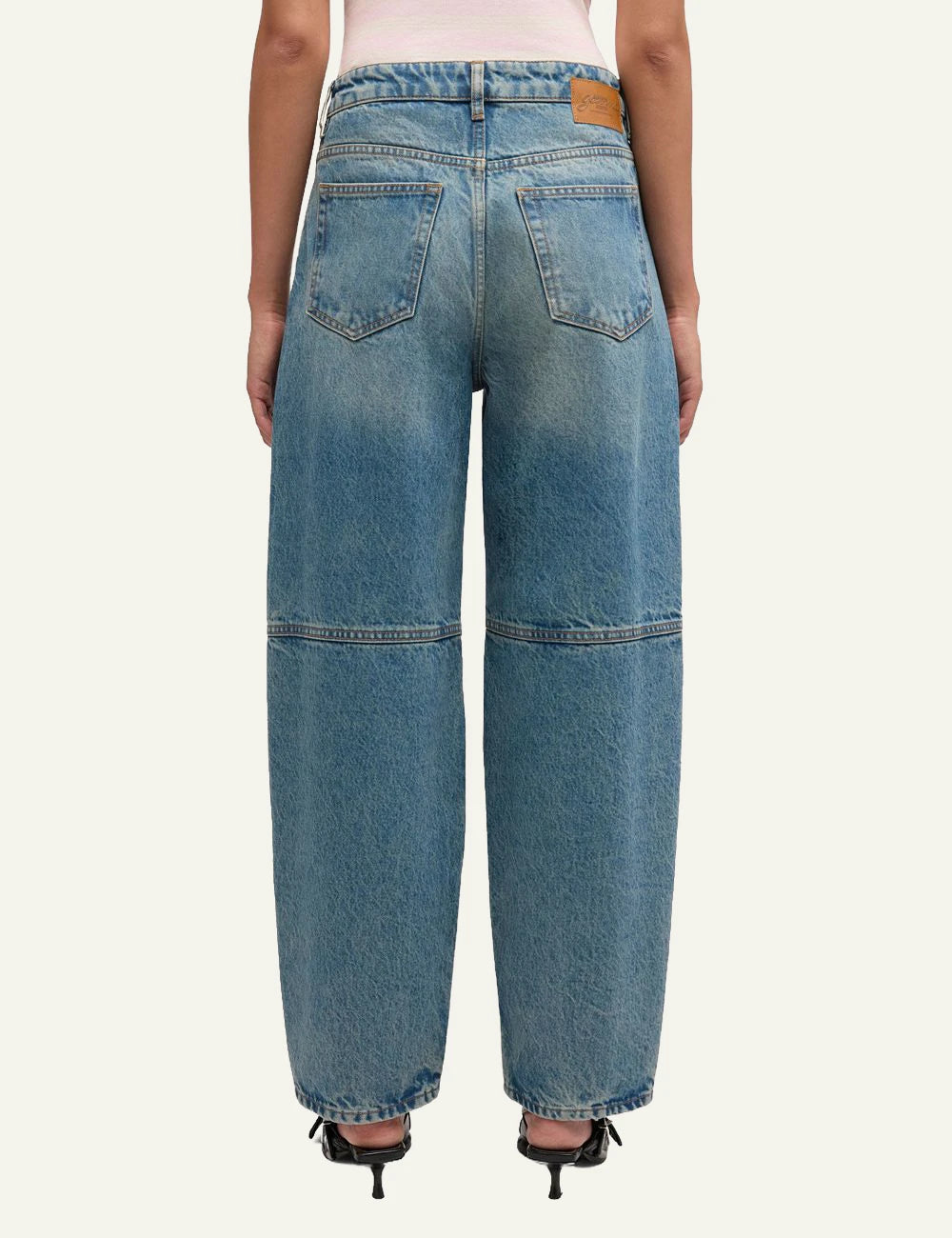 Ganni wide leg jeans blue denim back view patch detail