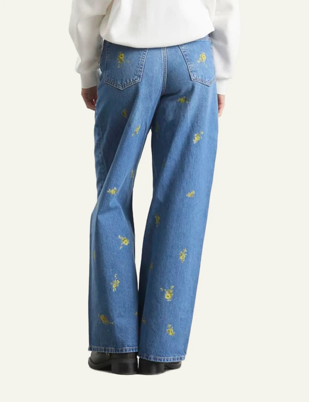 Ganni floral embroidered wide leg jeans blue back view