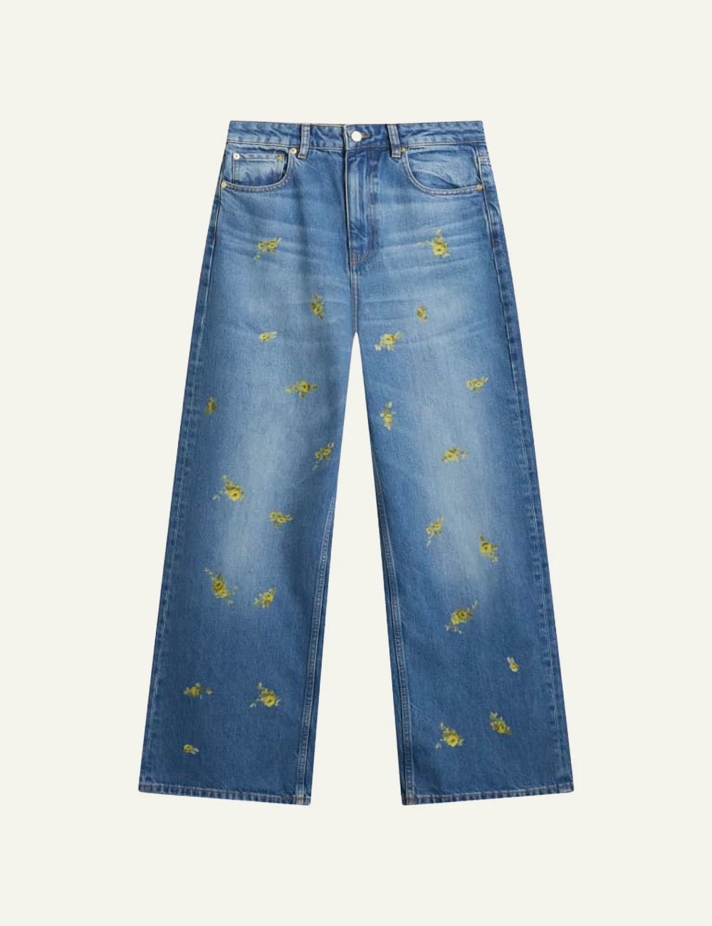 Ganni floral embroidered wide leg jeans blue front view