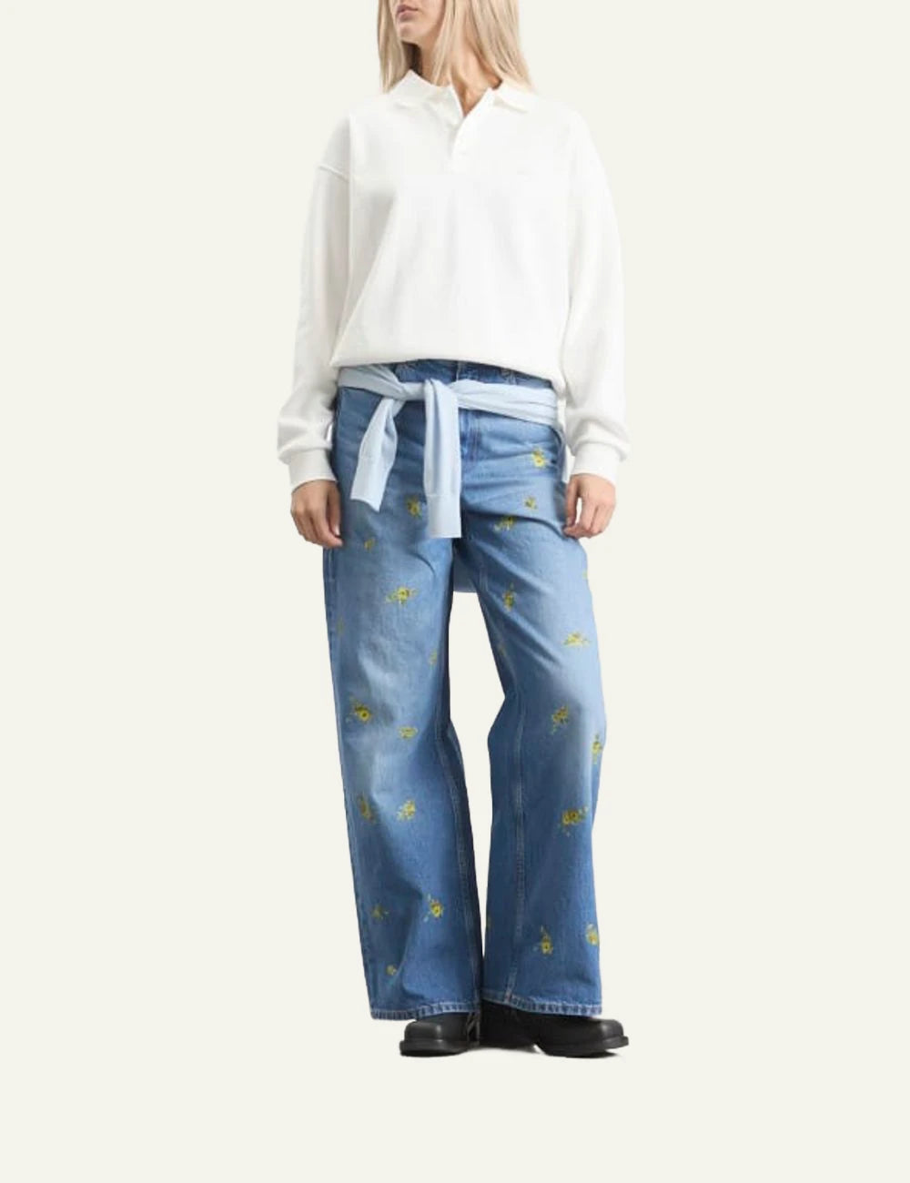 Ganni floral embroidered wide leg jeans blue front full body view