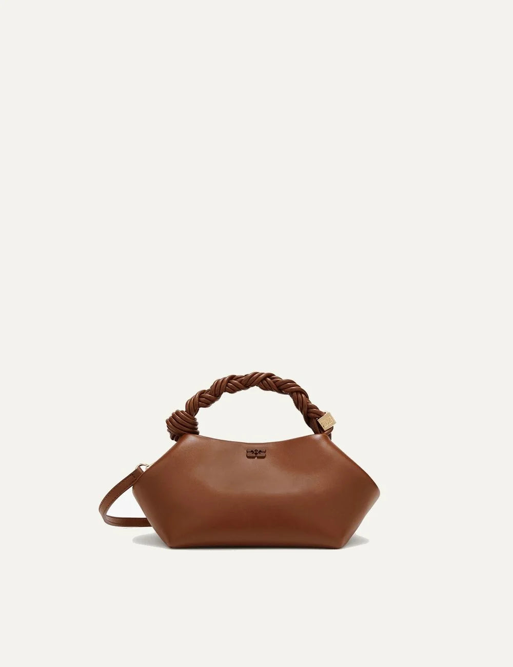 Ganni women's tan brown handbag with braided knot handle, geometric silhouette, Butterfly logo and detachable shoulder strap