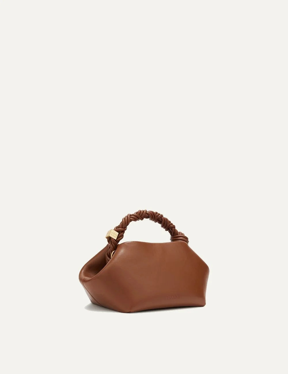 Ganni women's tan brown handbag with braided knot handle, geometric silhouette, Butterfly logo and detachable shoulder strap back