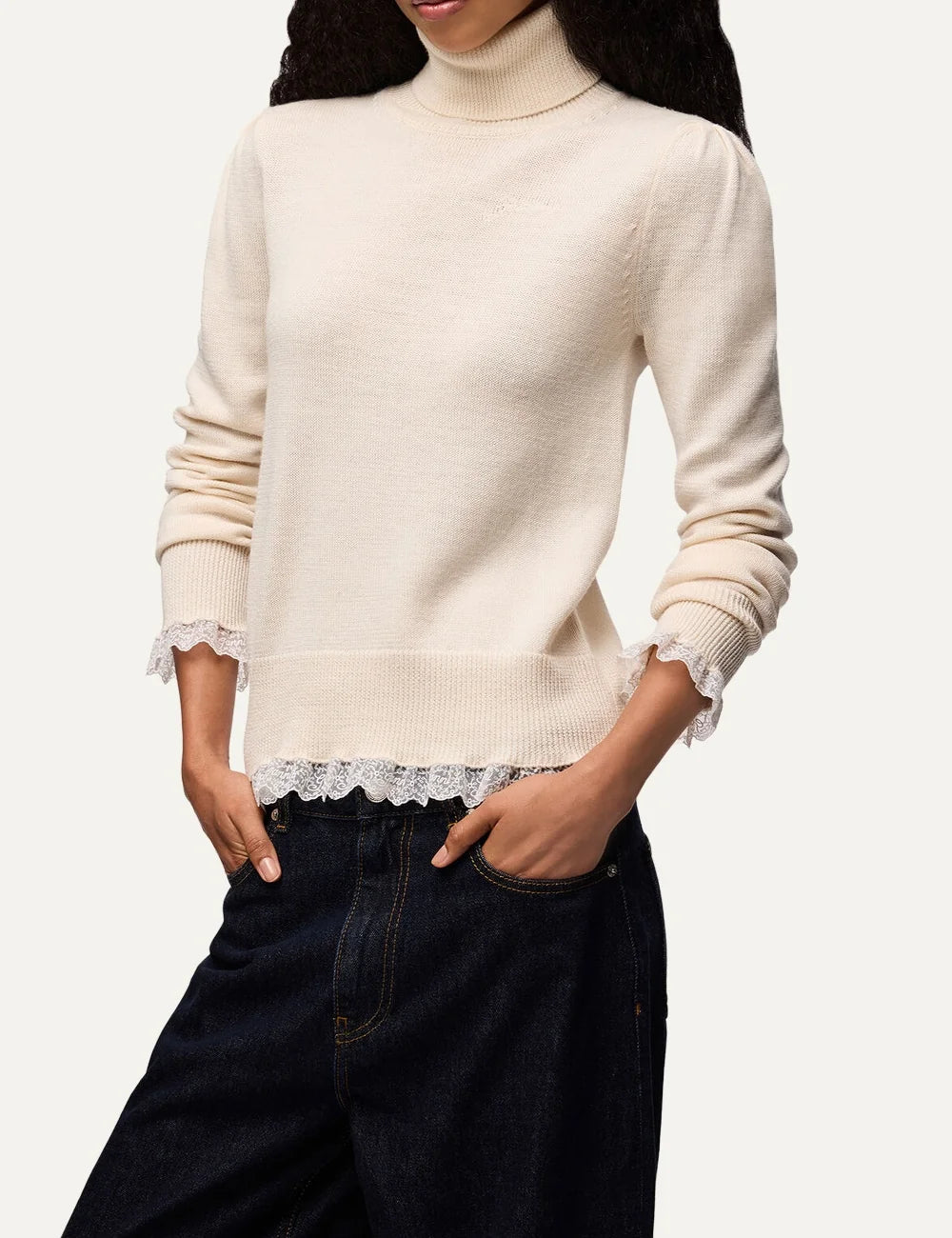 Ganni women's turtleneck sweater with long sleeves, ribbed edges, lace trim and subtle chest logo