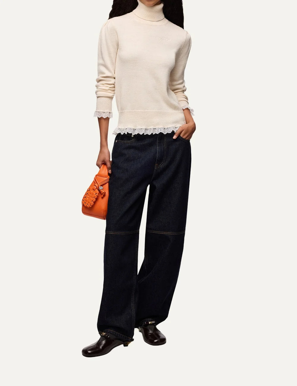 Ganni women's turtleneck sweater with long sleeves, ribbed edges, lace trim and subtle chest logo full body