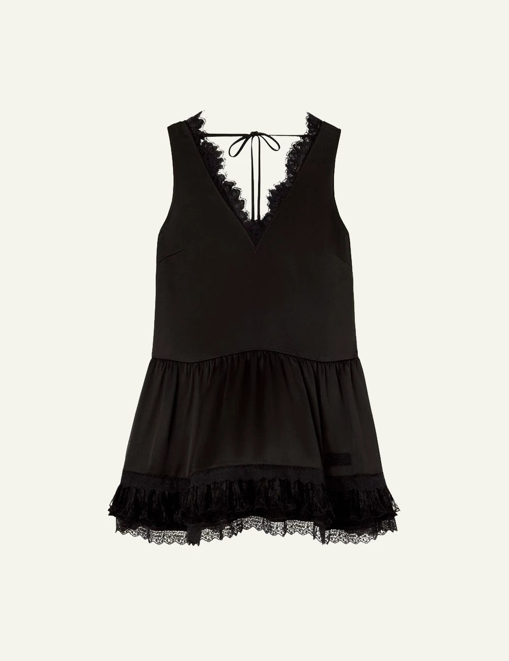 Women's GANNI black mini dress with V-neck, lace trims and ruffled hem