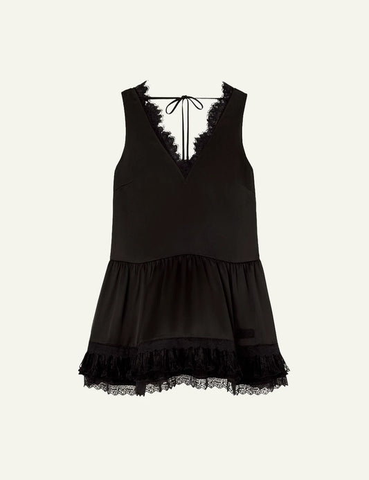 Women's GANNI black mini dress with V-neck, lace trims and ruffled hem