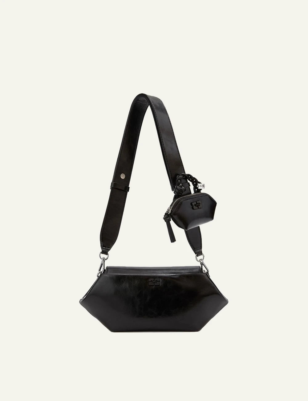 Women's GANNI black recycled leather shoulder bag with Nano Bou pouch front
