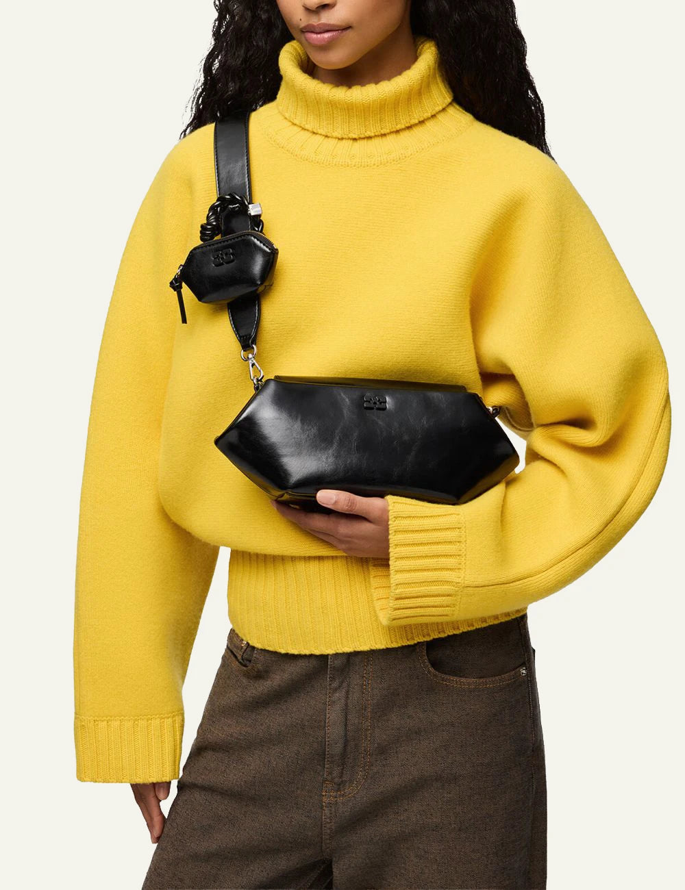 Women's GANNI black recycled leather shoulder bag with Nano Bou pouch