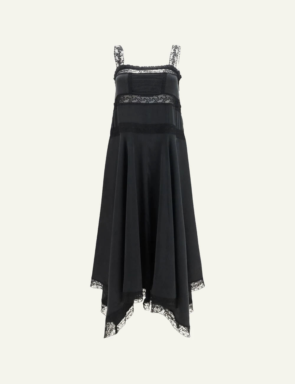 Women's Ganni black satin midi dress with lace trim and asymmetric hem